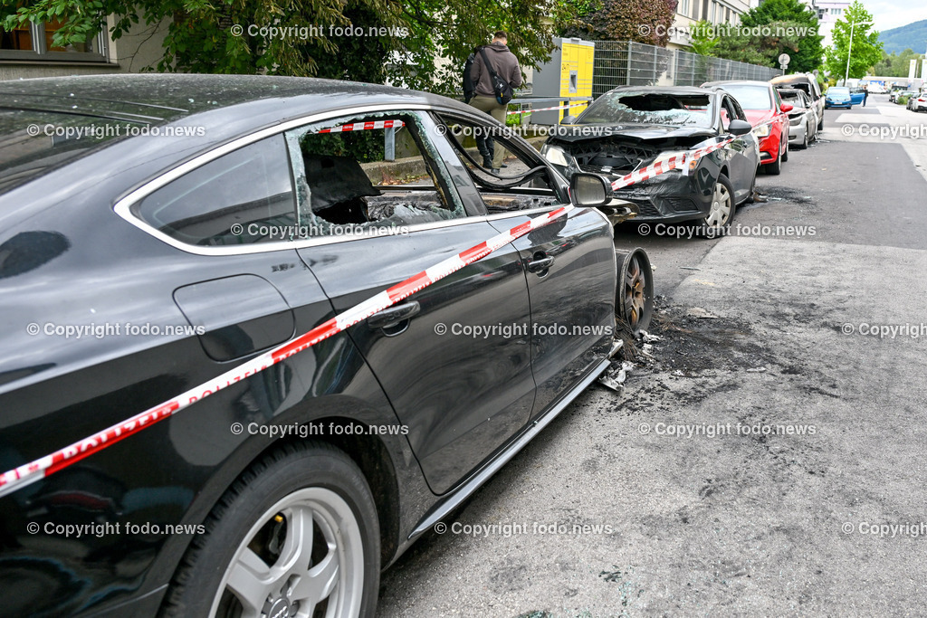 Linz_ Anatasius Gruen Strasse_ Fahrzeugbrand_ 11.06.2024-2 | 10.06.2024, Linz, AUT, Anatasius Gruen Strasse, Fahrzeugbrand im Bild Brandstelle, Ausgebrannte Fahrzeuge, Polizei
