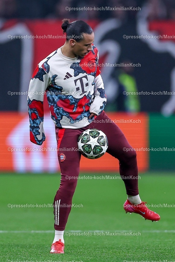 UCL11032502217 | 11.03.2025, Fußball, UEFA Champions League, Bayer 04 Leverkusen - FC Bayern München, Achtelfinale Rückspiel, BayArena, Saison 2024 2025: Leroy Sane (FC Bayern #10)DFB regulations prohibit any use of photographs as image sequences and or quasi-video.