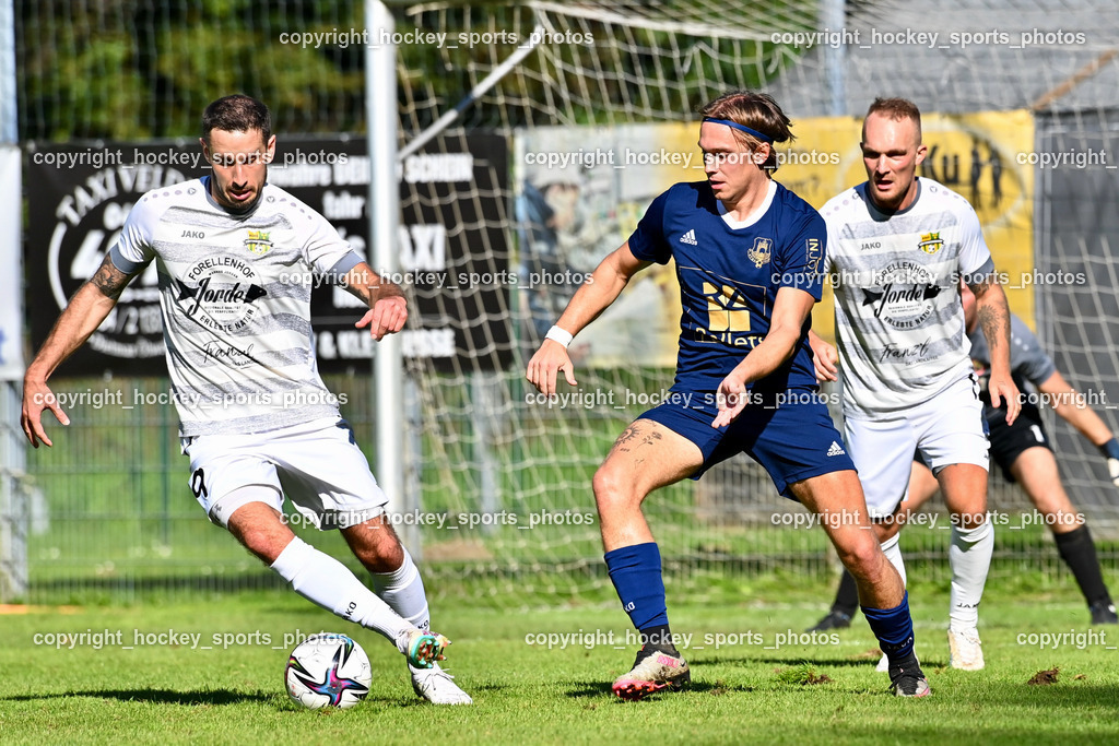 ATUS Velden vs. ASKÖ Köttmannsdorf 7.10.2023 | #9 Adrian Stroj Köttmannsdorf, #10 Lukas Lausegger ATUS Velden, #11 Aner Mandzic Köttmannsdorf, ATUS Velden vs. ASKÖ Köttmannsdorf 7.10.2023, ATUS Velden vs. ASKÖ Köttmannsdorf am 07.10.2023 in Velden (Wald Arena Velden), Austria, (Photo by Bernd Stefan)