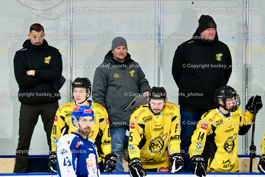 ESC Steindorf vs. EC Hornets Spittal 20.2.2024 | Spielerbank EC Hornets Spittal, Headcoach EC Hornets Spittal ORZETEK Florian, Assistentcoach EC Hornets Spittal Buchbauer Thomas, Assistentcoach EC Hornets Spittal Phillipp Lonin, #81 Sivec Peter Paul EC Hornets Spittal, #15 Rossbacher Daniel EC Hornets Spittal, #14 Stele Florian EC Hornets Spittal, ESC Steindorf vs. EC Hornets Spittal 20.2.2024, ESC Steindorf vs. EC Hornets Spittal 20.2.2024 am 20.02.2024 in Steindorf (Ossiachersee Halle), Austria, (Photo by Bernd Stefan)