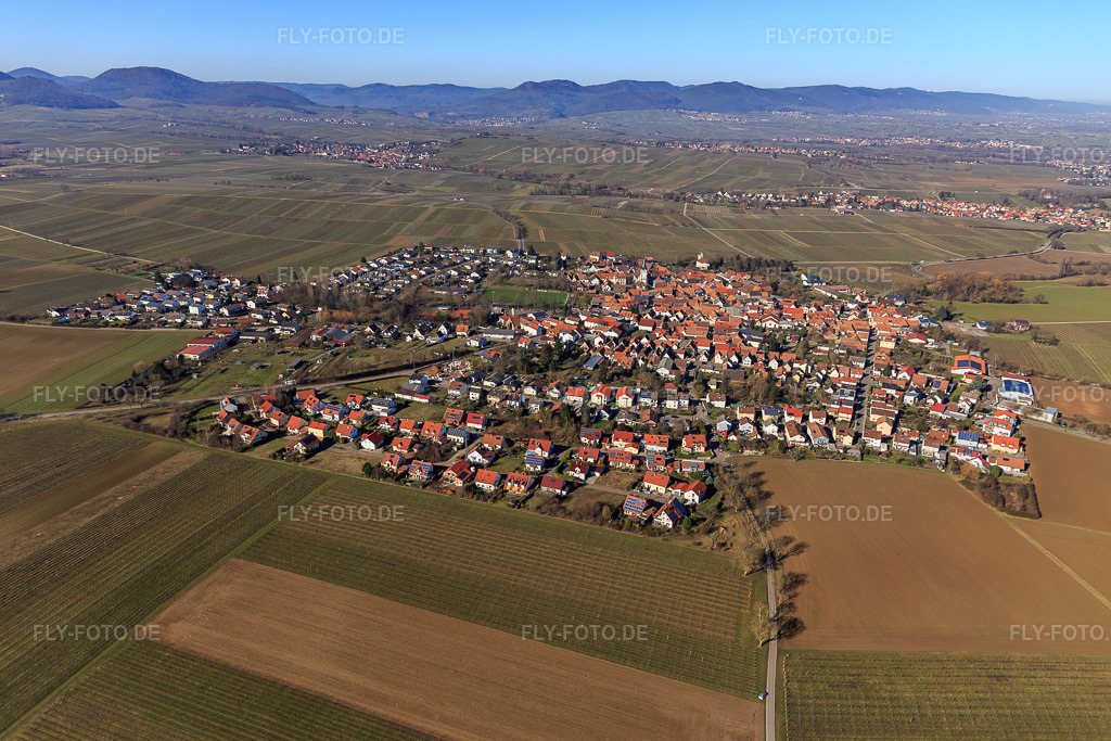 Luftbild: Dorfübersicht aus Süden im Ortsteil Mörzheim in Landau im Bundesland Rheinland-Pfalz in Deutschland. Foto: IMG_125265.jpg vom 21.02.2021 durch Werner Riehm/FLY-FOTO.de