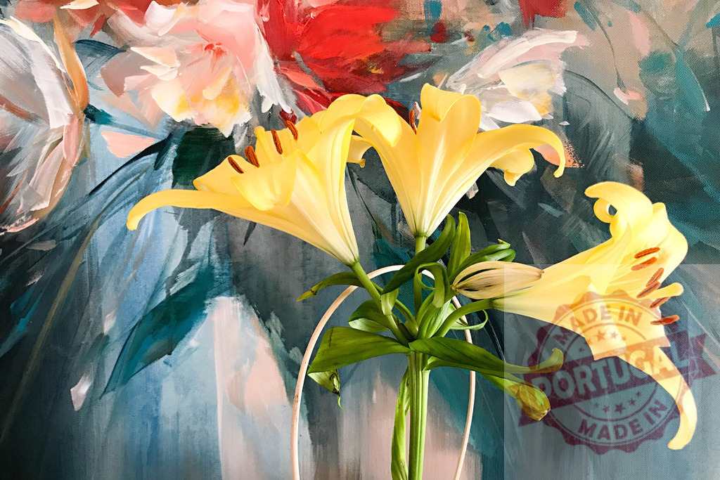 Yellow lilies resting on a circular white metal frame against a colorful abstract background | Yellow lilies with long stems and green leaves are placed on a white circular metal frame in front of a vibrant and colorful abstract painting, creating a beautiful contrast between nature and art - Realized with Pictrs.com