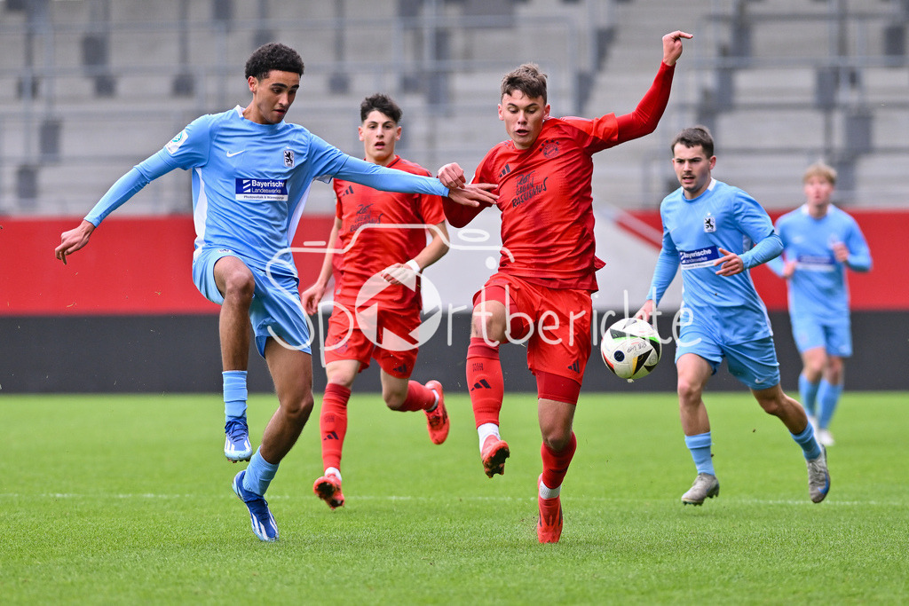 FC Bayern München U19 - TSV 1860 München U19 | im Duell Noa PLOETTNER (TSV 1860 Muenchen U19 #9) und Louis RICHTER (FCB #8) / zweikampf / U19 DFB Nachwuchsliga: FC Bayern Muenchen U19 - TSV 1860 Muenchen U19, FC Bayern Campus am 02.11.2024