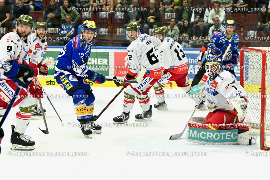 EC IDM Wärmepumpen VSV vs. HC Bozen 19.9.2023 | #92 Thomas Christian, #42 LANZINGER Benjamin,  #62 Teves Joshua, #1 Svedberg Niklas, win2day icehockeyleague, EC IDM Wärmepumpen - HC Bozen  am 19.09.2023 in Villach (Stadhalle Villach), Austria, (Photo by Bernd Stefan)