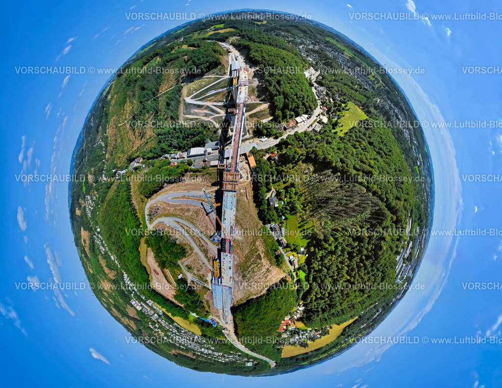 Luedenscheid250814173 | Luftbild, Großbaustelle Rahmedetalbrücke, Autobahn A45 Sauerlandlinie, Erdkugel, Fisheye Aufnahme, Fischaugen Aufnahme, 360 Grad Aufnahme, tiny world, little planet, fisheye Bild, Gevelndorf, Lüdenscheid, Sauerland, Nordrhein-Westfalen, Deutschland