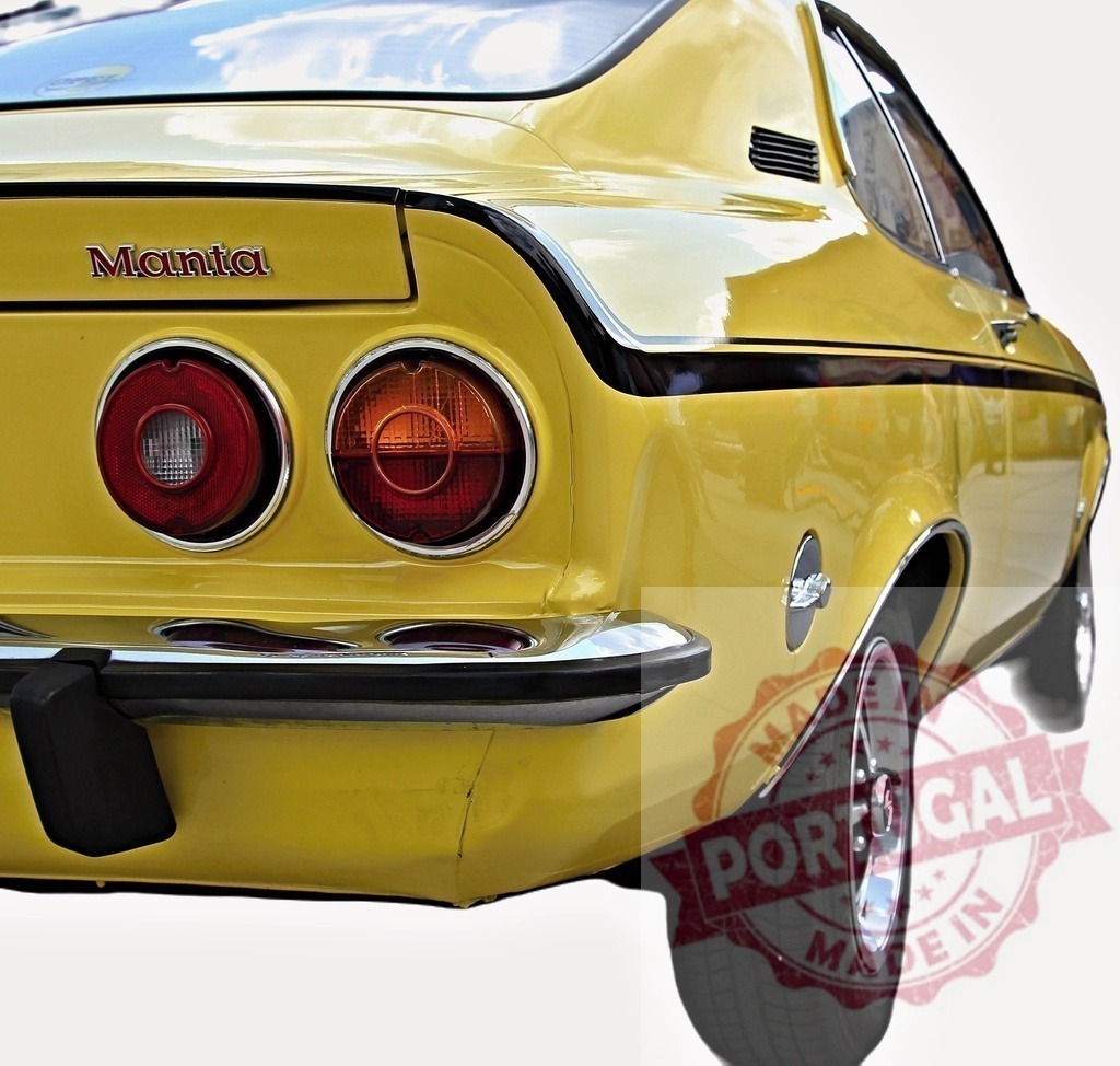 Rear of yellow Opel Manta showcasing its iconic taillights | Close-up of the back of a vintage yellow Opel Manta, highlighting its distinctive taillights and chrome bumper - Realisiert mit Pictrs.com