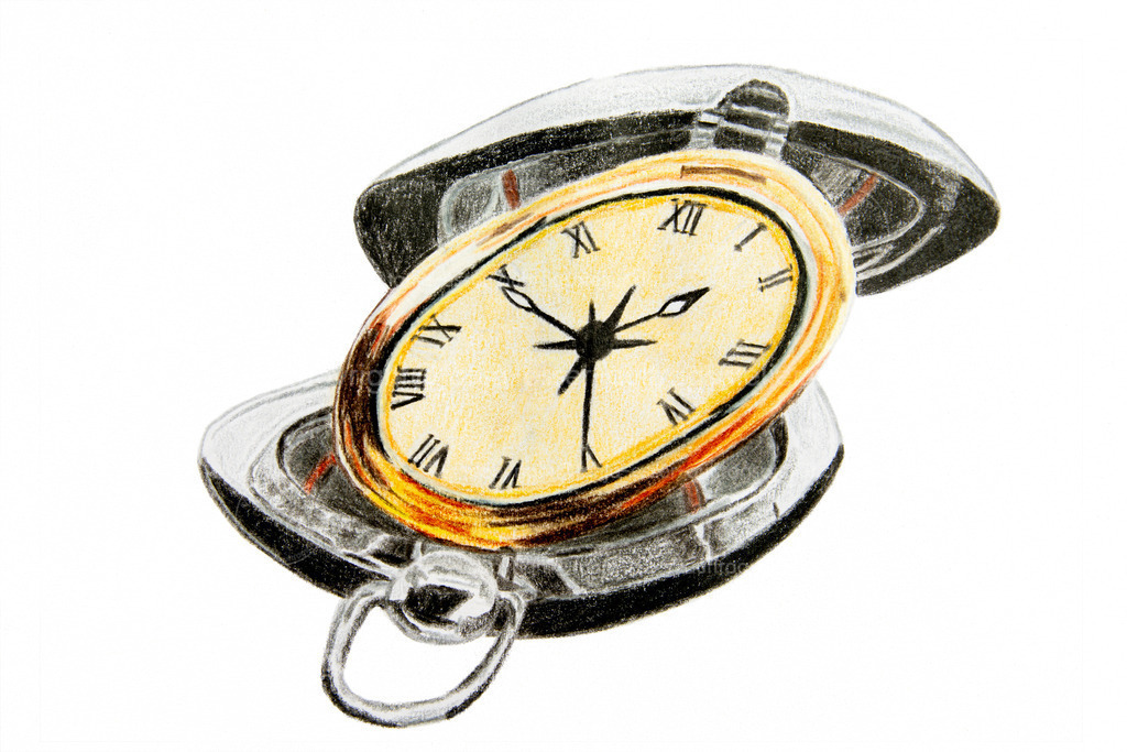 Uhr Perspektive 2 | Buntstift Illustration zeigt eine Uhr mit römischen Ziffern. Die Uhr wurde in falscher Perspektive gezeichnet. Experiment mit schiefen Perspektiven. Weißer Hintergrund.