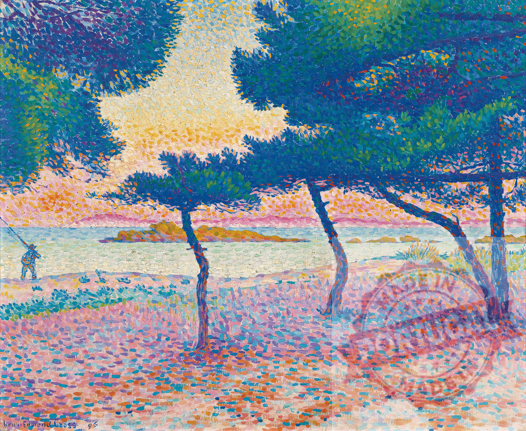 Henri-Edmond Cross pointillism painting showing fisherman and pine trees. Henri Edmund Cross | Fisherman casting a line from a colorful pointillist beach with pine trees and seascape - Realisiert mit Pictrs.com