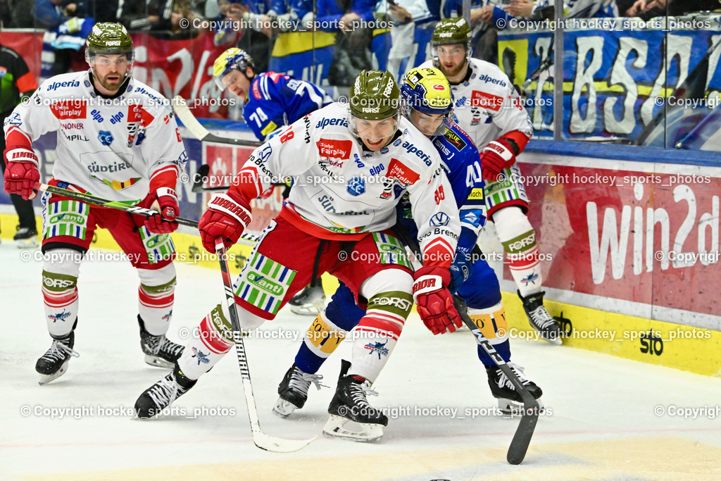 EC VSV vs. HC Bozen 16.2.2024 | #6 Lessio Lucas, #88 Alberga Domenico, #40 WALLENTA Elias,  EC VSV vs. HC Bozen 16.2.2024, EC VSV vs. HC Bozen 16.2.2024 am 16.02.2024 in Villach (Stadthalle Villach), Austria, (Photo by Bernd Stefan)
