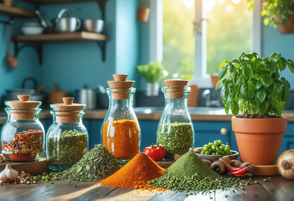 Wandbild: Gewürzvielfalt & Frische – Genuss in der Landhausküche | In einer sonnendurchfluteten Landhausküche stehen dekorative Glasgefäße mit bunten Gewürzen auf einem Holztisch: Kurkuma, Paprika, Kräuter und Pfeffer entfalten ihr farbenfrohes Aromenspiel. Daneben sorgt ein frischer Basilikum im Terrakottatopf für mediterranes Flair. Das Bild vereint kulinarische Kreativität mit natürlicher Frische – ein perfekter Blickfang für jede Küche. KI-generierte Inhalte.