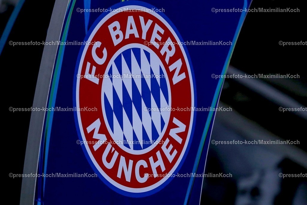 UCL11032502225 | 11.03.2025, Fußball, UEFA Champions League, Bayer 04 Leverkusen - FC Bayern München, Achtelfinale Rückspiel, BayArena, Saison 2024 2025: Logo FCB Nahaufnahme Detailfoto Detail Banner WappenDFB regulations prohibit any use of photographs as image sequences and or quasi-video.