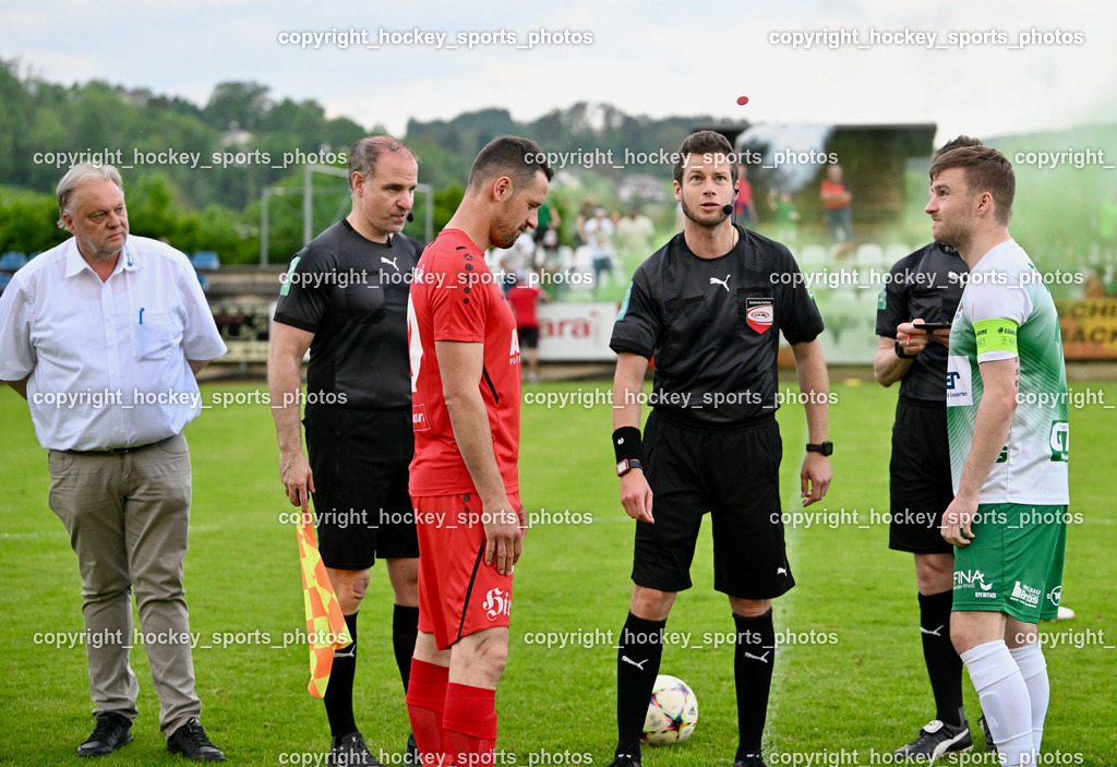 SV Feldkirchen vs. ATSV Wolfsberg 26.5.2023 | Bürgermeister Feldkirchen Martin Treffner, Nagele Robert Patrick, Hopfgartner Christoph, Referees, #27 Michael Groinig, #10 Patrick Pfennich, Münzwurf