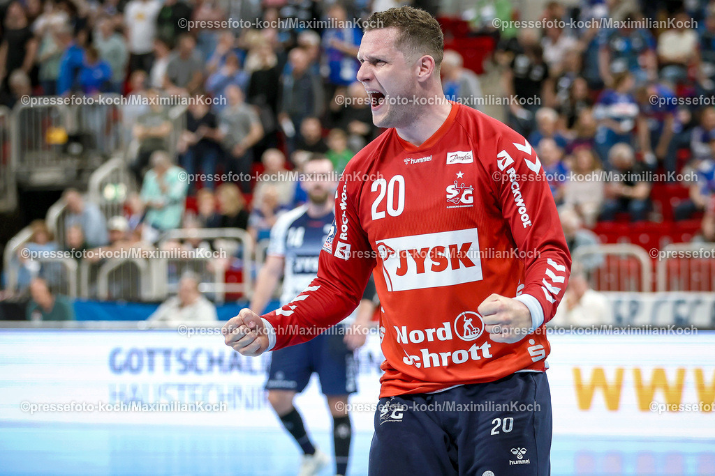 Due1HBL02062402081 | 02.06.2024, Handball, Düsseldorf, PSD-Bank Dome, Liqui Moly Handball Bundesliga, Spieltag 34, Saison 2023 2024, Bergischer HC - SG Flensburg-Handewitt: Torhüter Kevin Moller (SG Flensburg-Handewitt) jubelnd