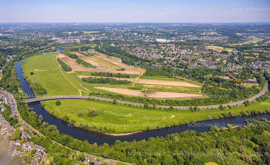 Essen250508141 | Luftbild, Wasserwerk Wassergewinnung Essen GmbH am Fluss Ruhr, Konrad-Adenauer-Brücke, Überruh-Hinsel, Essen, Ruhrgebiet, Nordrhein-Westfalen, Deutschland
