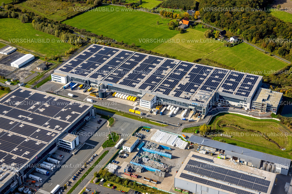 Hamm241008165 | Luftbild, Gewerbegebiet Trianelstraße, Arvato Logistikdienst, Solardach, Uentrop, Hamm, Ruhrgebiet, Nordrhein-Westfalen, Deutschland