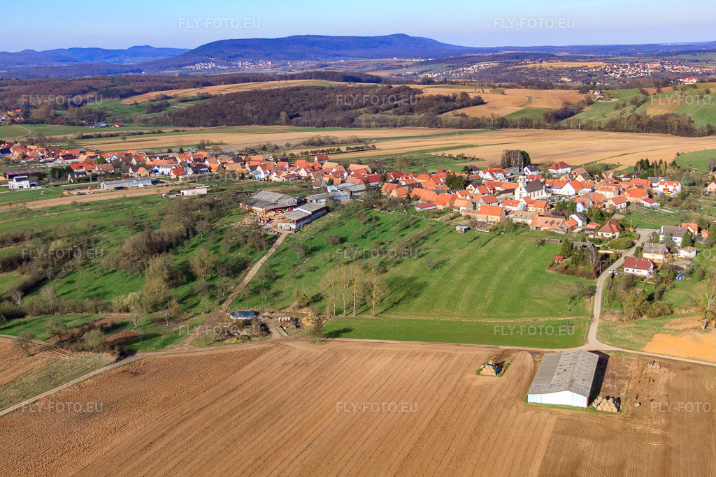 Vue aérienne: Vue de la ville depuis l'ouest à Forstheim dans le département Bas Rhin, France – .Photo: IMG_38696.jpg prise le 20/03/2011 par Werner Riehm/FLY-FOTO.eu – Résolution de l'original: 4752 x 3168 px
