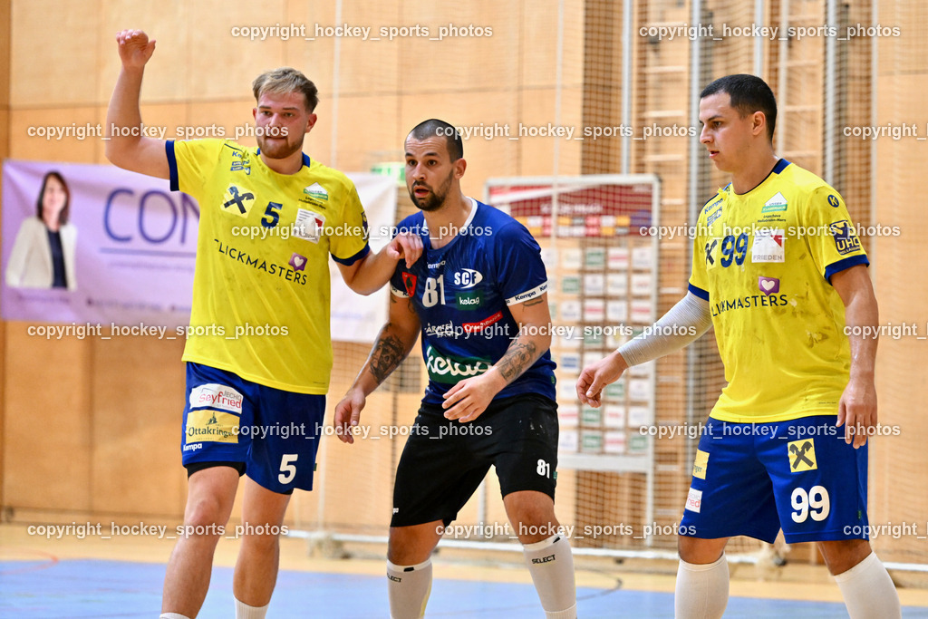SC Ferlach vs. UHC Hollabrunn | #5 PARZER Tobias UHC Hollabrunn, #81 MILICEVIC Adrian SC Ferlach, #99 ARSENOVSKI Filip UHC Hollabrunn, SC Ferlach vs. UHC Hollabrunn, SC Ferlach vs. UHC Hollabrunn am 20.09.2025 in Ferlach (Ballspielhalle Ferlach), Austria, (Photo by Bernd Stefan)