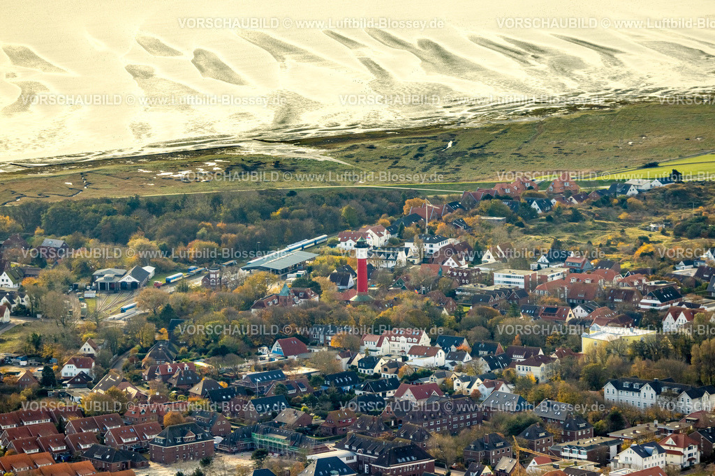 Friesland251106360Wangerooge | Luftbild, rot-weißer Alter Leuchtturm mit Inselmuseum im Zentrum, DB-Bahnhof und Inselsbahn,  evangelisch-lutherische Nikolai-Kirche, Wohngebiet und Blick zur Nordsee, Wangerooge, Norddeutschland, Ostfriesland, Niedersachsen, Deutschland