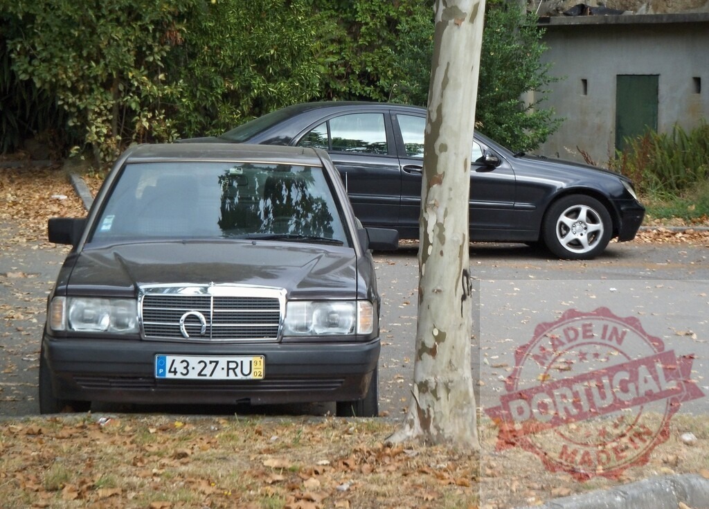 Mercedes-Benz 190E in Portugal with autumn leaves | Mercedes-Benz 190E parked on a street with dry leaves with another modern car behind it - Realized with Pictrs.com