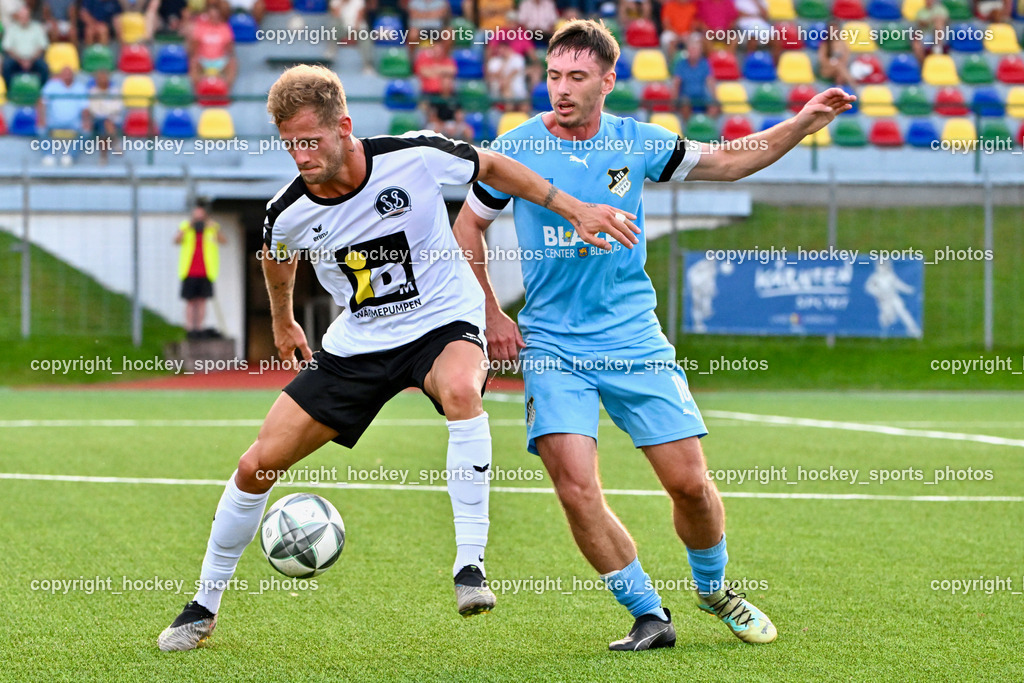 SV Spittal vs. SVG Bleiburg | #44 Miha Kostanjsek SV Spittal, #18 Alen Martinovic SVG Bleiburg, SV Spittal vs. SVG Bleiburg, SV Spittal vs. SVG Bleiburg am 14.08.2024 in Spittal an der Drau (Goldeck Stadion), Austria, (Photo by Bernd Stefan)