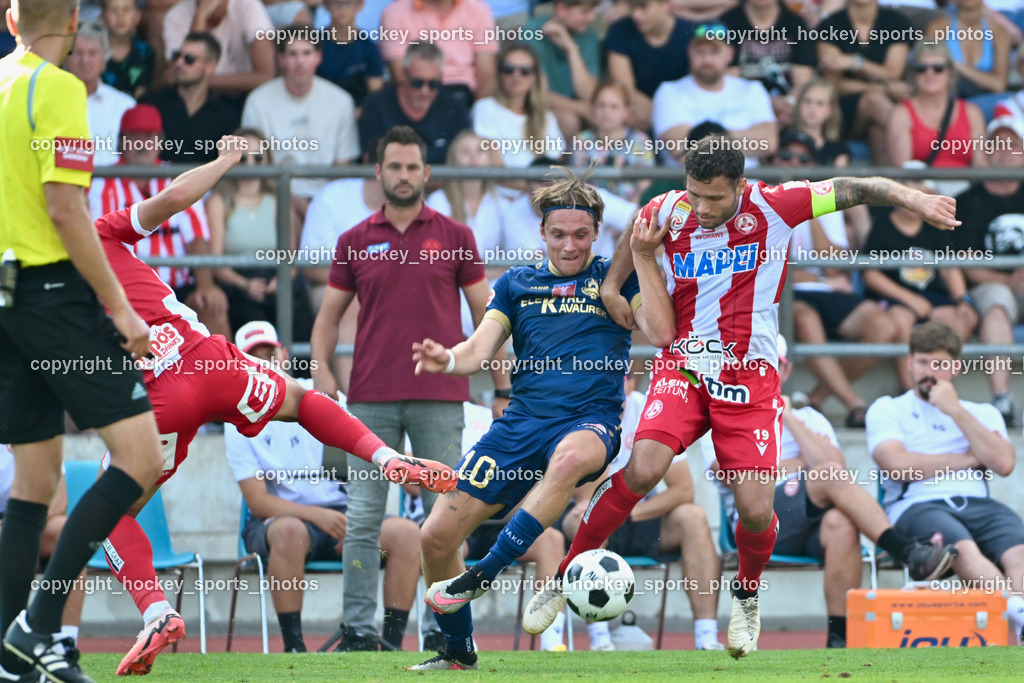 ATUS Velden vs. GAK | #10 Lukas Lausegger ATUS Velden, #19 Marco Sebastian Gantschnig GAK, ATUS Velden vs. GAK, ATUS Velden vs. GAK am 26.07.2024 in Villach (Stadion Lind), Austria, (Photo by Bernd Stefan)