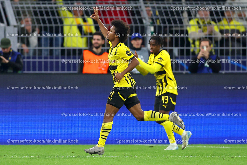 BVB01102401031 | 01.10.2024, Fußball, UEFA Champions League, Borussia Dortmund - Celtic Glasgow, 2. Spieltag, Signal Iduna Park, Saison 2024 2025: Torjubel nach dem 5:1 durch Karim Adeyemi (BVB #27)