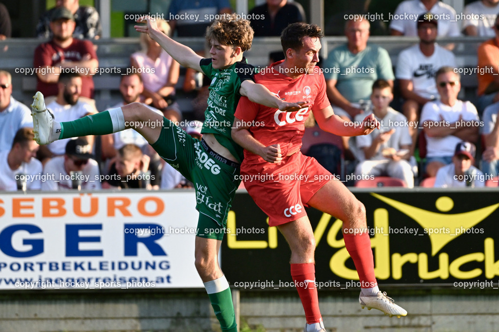 FC Lendorf vs. SC St.Veit | #66 Luca Christoph Morgenstern FC Lendorf, #12 Moritz Johannes Kirbach St.Veit, FC Lendorf vs. SC St.Veit, FC Lendorf vs. SC St.Veit am 17.08.2024 in Lendorf (Thomas Morgenstern-Arena), Austria, (Photo by Bernd Stefan)