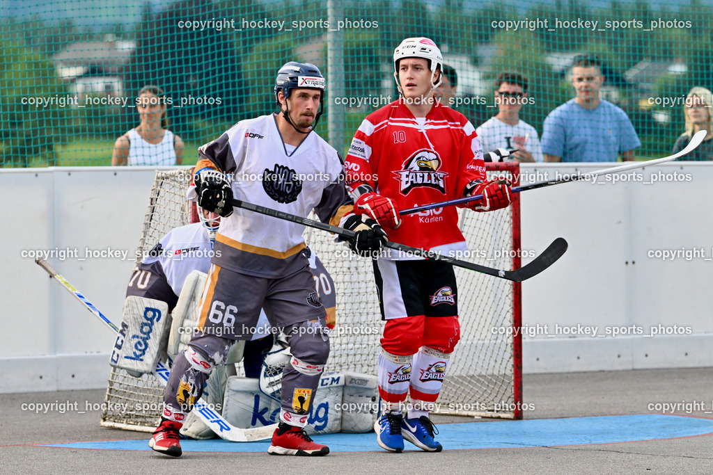 VAS Ballhockey vs. HSC Eagles Poggersdorf | #66 Hintermann Daniel, #10 Sunitsch Marco, VAS Ballhockey vs. HSC Eagles Poggersdorf, VAS Ballhockey vs. HSC Eagles Poggersdorf am 14.07.2024 in Villach (Alpen Arena ), Austria, (Photo by Bernd Stefan)
