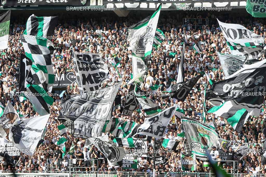 Borussia Mönchengladbach vs Hamburger SV - Bundesliga  | Mönchengladbach, Deutschland, 24.08.25:   Die Fans von Borussia Mönchengladbach mit Fahnenwaehrend des Spiels der Bundesliga zwischen Borussia Mönchengladbach vs Hamburger SV im Stadion im Borussia Park(Foto von Brauer-Fotoagentur / Adrian Schlueter)