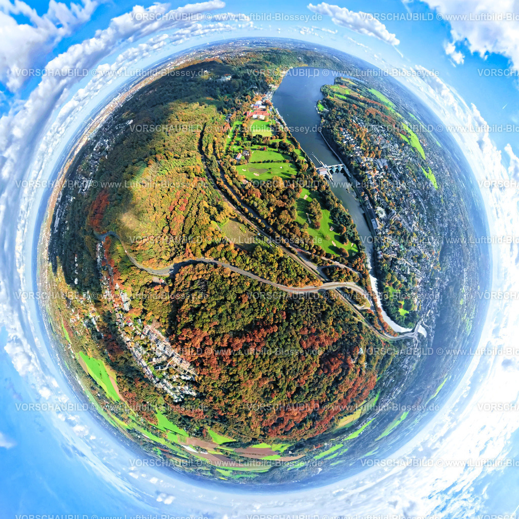 Essen251002673Sued | Luftbild, Baldeneysee mit Stauwehr RWE Wasserkraftwerk Baldeney, Golfplatz Golfriege ETUF e.V. und Tennisplätze, herbstlicher Kruppwald an der Freiherr-vom-Stein-Straße, Erdkugel, Fisheye Aufnahme, Fischaugen Aufnahme, 360 Grad Aufnahme, tiny world, little planet, fisheye Bild, Bredeney, Essen, Ruhrgebiet, Nordrhein-Westfalen, Deutschland
