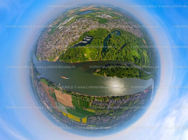 Bonn240590109Rhein_Siegmuendung | Luftbild, Fluss Sieg und Siegmündung, Fluss Rhein und Binnenschifffahrt mit 
Containerschiff, Diescholl Altarm der Sieg und Waldgebiet Siegaue, Ortsansicht Mondorf und Bergheim, Mondofer Hafen und Rhein-Yacht-Club Niederkassel-Mondorf e.V., Erdkugel, Fisheye Aufnahme, Fischaugen Aufnahme, 360 Grad Aufnahme, tiny world, little planet, fisheye Bild, Bergheim, Troisdorf, Nordrhein-Westfalen, Deutschland
