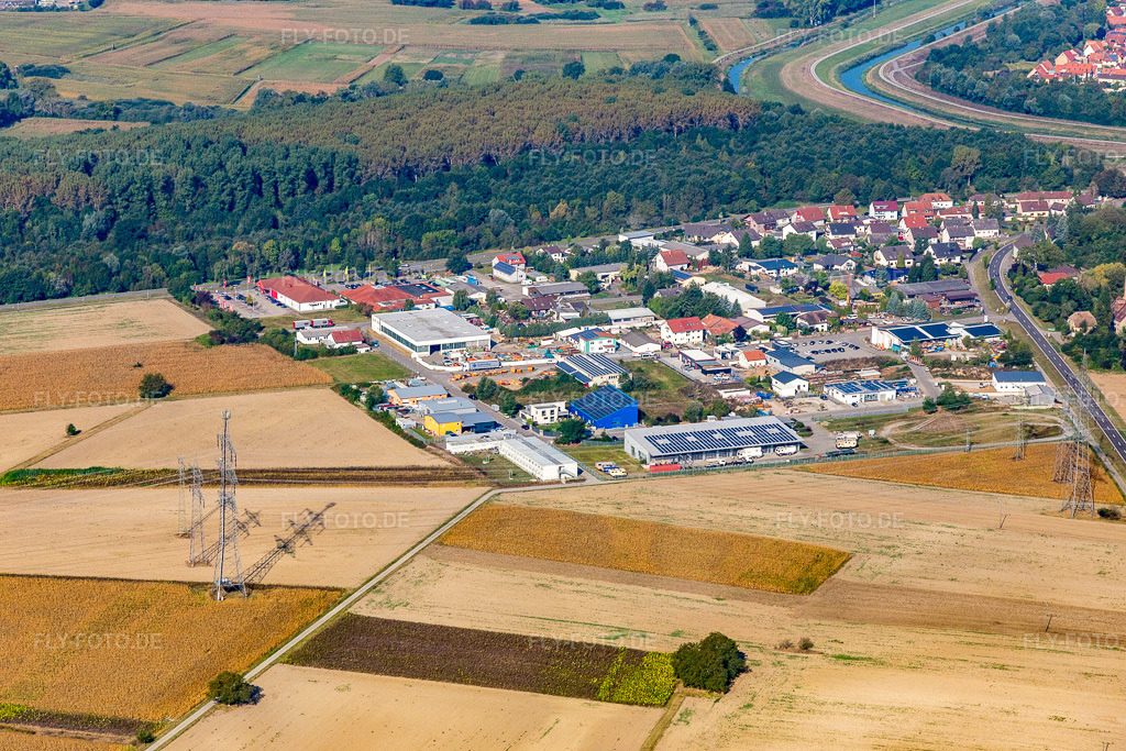 Luftbild: Gewerbegebiet Krautstückerweg im Ortsteil Rußheim in Dettenheim im Bundesland Baden-Württemberg in Deutschland. Foto: IMG_094849.jpg vom 24.09.2016 durch Werner Riehm/FLY-FOTO.de
