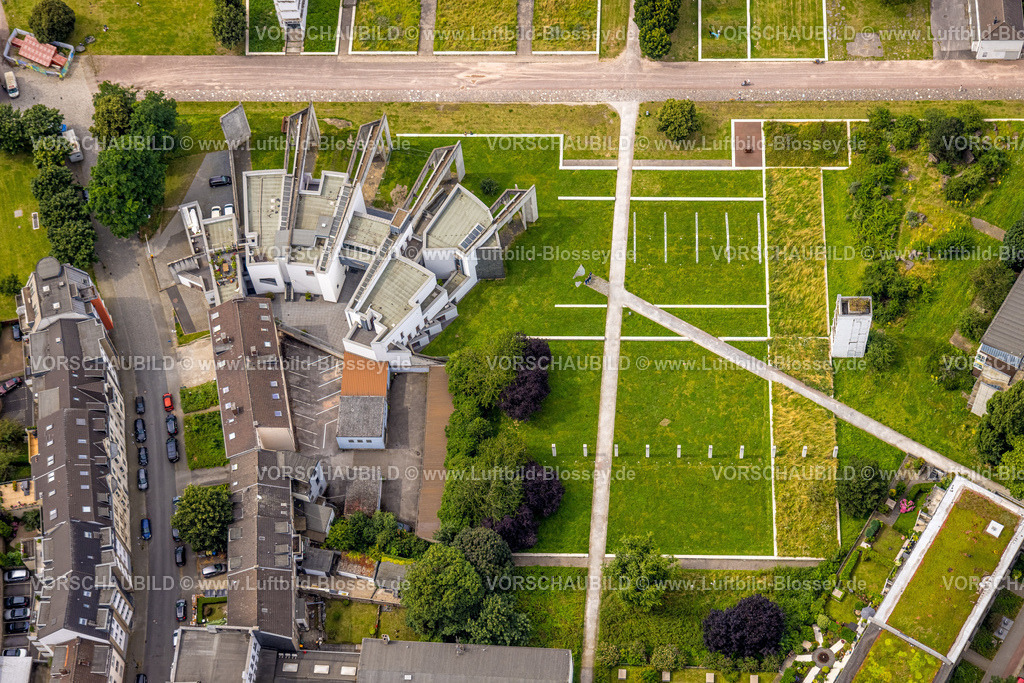 Duisburg240705005-Mitte | Luftbild, Synagoge, Jüdische Gemeinde Duisburg-Mülheim-Oberhausen K.d.ö.R, Garten der Erinnerung, Formen und Farben, Altstadt, Duisburg, Ruhrgebiet, Nordrhein-Westfalen, Deutschland