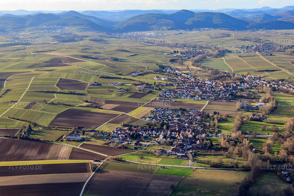 Luftbild: Ortsansicht von Osten im Ortsteil Ingenheim in Billigheim-Ingenheim im Bundesland Rheinland-Pfalz in Deutschland. Foto: IMG_61864.jpg vom 28.01.2014 durch Werner Riehm/FLY-FOTO.deAuflösung des Originals: 4752 x 3168 px