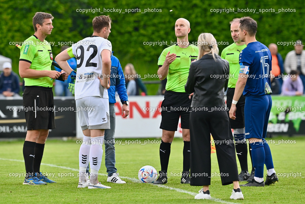 ESV Admira vs. ATUS Velden 20.5.2023 | #92 Patrick Gailer, Leitner Christof, Lap Jan,  Nagele Robert Patrick, Referees, #15 Manuel Wallner, Münzwurf