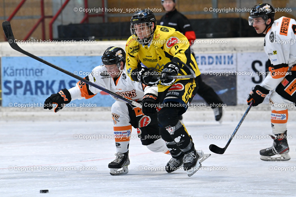 EC Hornets Spittal vs. USC Piraten Velden 18.2.2024 | #81 Wieser Christopher USC Velden, #8 Komar Luca EC Hornets Spittal, #3 Fertschai Matthias USC Velden, EC Hornets Spittal vs. USC Piraten Velden 18.2.2024, EC Hornets Spittal vs. USC Piraten Velden 18.2.2024 am 18.02.2024 in Spittal an der Drau (Eissportzentrum Spittal), Austria, (Photo by Bernd Stefan)