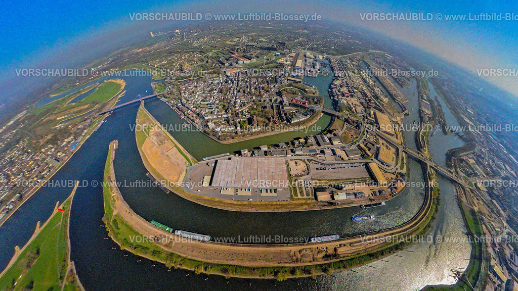 Duisburg250490034DuisportRuhrort | Luftbild, duisport Hafen, Ortsansicht Ruhrort, Duisburger Hafengebiet mit Mercatorinsel und Insel Pontwert, Fluss Ruhr Mündung in den Fluss Rhein und Friedrich-Ebert-Brücke, Erdkugel, Fisheye Aufnahme, Fischaugen Aufnahme, 360 Grad Aufnahme, tiny world, little planet, fisheye Bild, Ruhrort, Duisburg, Ruhrgebiet, Nordrhein-Westfalen, Deutschland