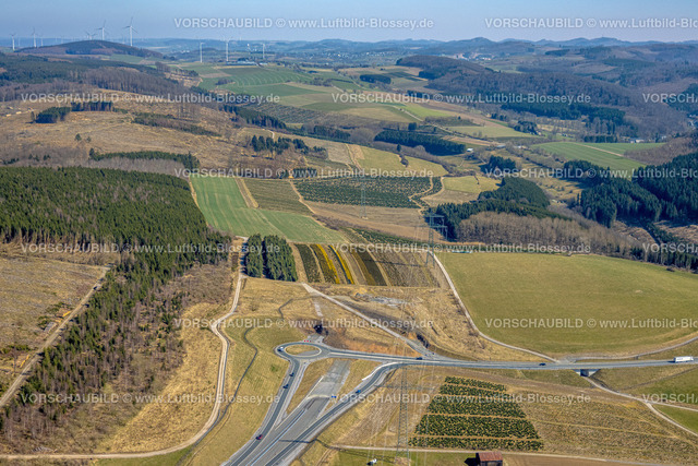 Bestwig220303012 | Luftbild, Autobahn A46 mit Kreisverkehr auf die Bundesstraße B480 mit weitläufiger Landschaft, Nuttlar, Bestwig, Sauerland, Nordrhein-Westfalen, Deutschland