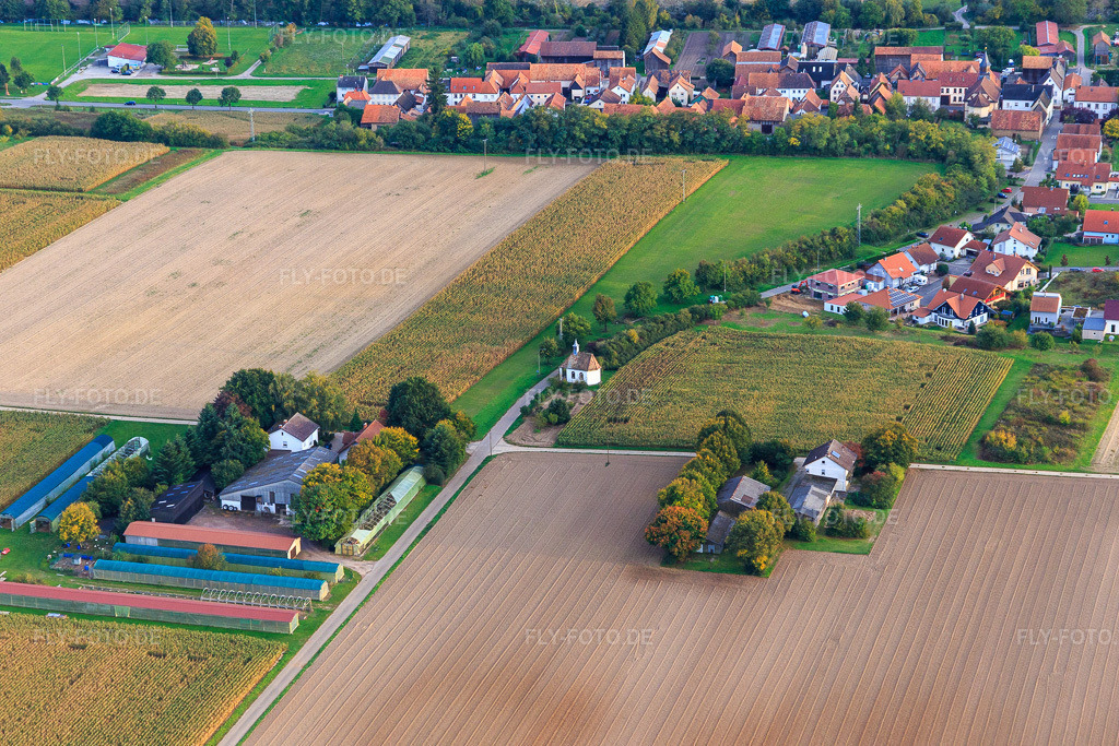 Luftbild: Buchenhof, Herxheimweyher und Arme-Seelen-Kapelle am Knittelsheimer Weg in Herxheimweyher im Bundesland Rheinland-Pfalz in Deutschland. Foto: IMG_103869.jpg vom 01.10.2017 durch Werner Riehm/FLY-FOTO.de