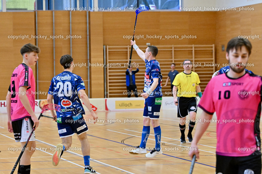 VSV Unihockey vs. Wiener Floorballferein 6.4.2024 | #20 David Gredler VSV Unihockey, #19 Philipp Seiser VSV Unihockey, VSV Unihockey vs. Wiener Floorballferein 6.4.2024, VSV Unihockey vs. Wiener Floorballferein  am 06.04.2024 in Villach (Ballspielhalle St. Martin), Austria, (Photo by Bernd Stefan)