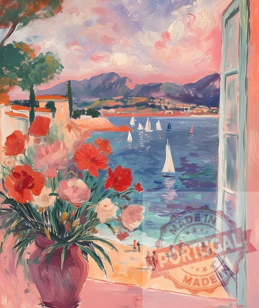Mediterranean seascape viewed from open window with flowers | Colorful painting of a mediterranean seascape with sailboats, seen from an open window with a vase of flowers - Realized with Pictrs.com