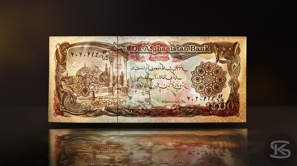 Afghanistan 1000 Afghani Banknote – Blaue Moschee Mazar-i-Sharif | Detailaufnahme der Vorderseite einer afghanischen 1000-Afghani-Banknote. Das Motiv zeigt den Schrein von Hazrat Ali (Blaue Moschee) in Mazar-i-Sharif. - Realisiert mit Pictrs.com