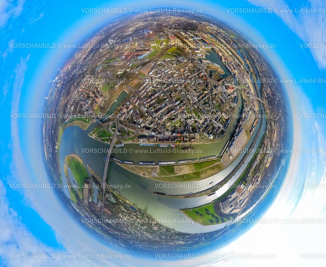 Duisburg240390033Ruhrort-2 | Luftbild, Ortsteil Ruhrort und duisport Hafen Duisburg, Fluss Ruhr Mündung in den Fluss Rhein mit der Friedrich-Ebert-Brücke, Binnenschifffahrt, Erdkugel, Fisheye Aufnahme, Fischaugen Aufnahme, 360 Grad Aufnahme, tiny world, little planet, fisheye Bild, Ruhrort, Duisburg, Ruhrgebiet, Nordrhein-Westfalen, Deutschland, Duisburg-fish