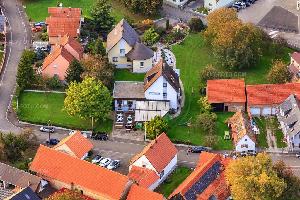 Aerial view: Auberge Ecurie du Rhin in Neuhaeusel in the state Bas-Rhin, France.Photo: IMG_074386.jpg taken on 10/04/2014 by Werner Riehm/FLY-FOTO.comResolution of the original: 4840 x 3227 px