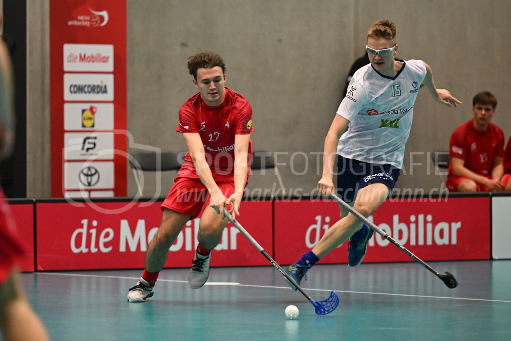 Switzerland B U19 vs Finland U19 - 2. February 2024 | Switzerland B U19 vs Finland U19
U19 Men International Matches in Switzerland
GoEasy Arena, Siggenthal Station
Switzerland forward #17 Janis Schwarz and Finland defender #15 Roope Herpola.
Credit: Markus Aeschimann | <a href="https://www.markus-aeschimann.ch">Sportfotografie Markus Aeschimann</a> | <a href="https://www.instagram.com/sportfotografie.aeschimann">@sportfotografie.aeschimann</a> - Realisiert mit Pictrs.com