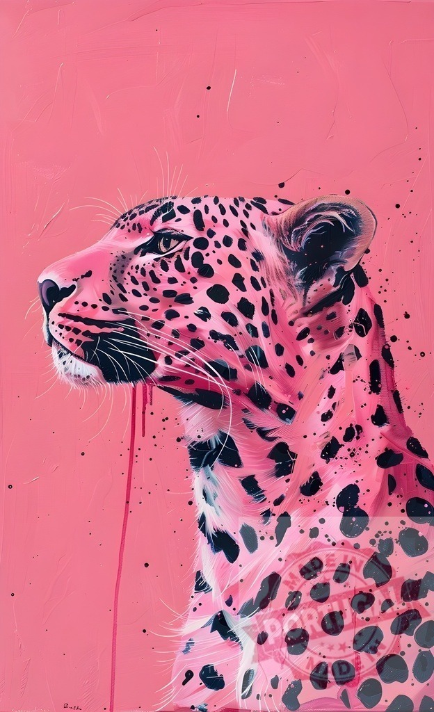 Pink leopard looking left with paint drips pop art style | Pink leopard portrait with black spots and splatters on a vibrant background - Realisiert mit Pictrs.com
