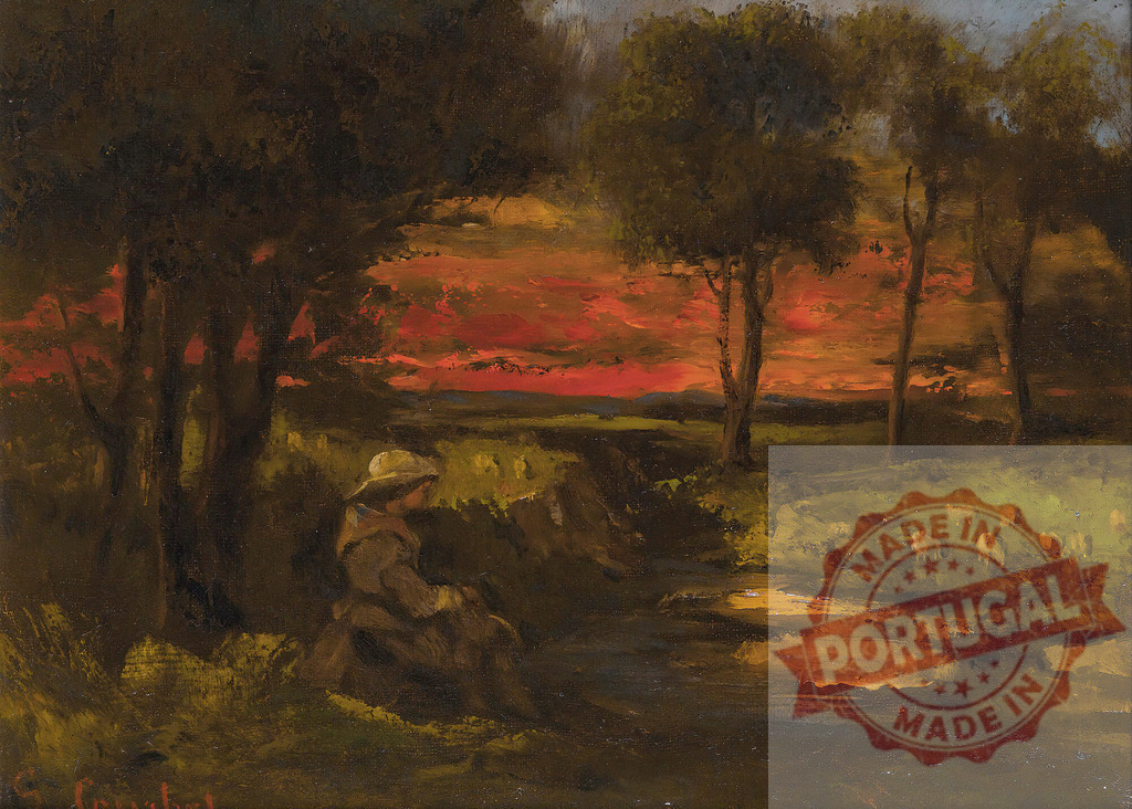 Gustave Courbet Resting shepherd guarding sheep at red sunset | Shepherd resting by a stream at sunset, watching sheep graze in a rustic field - Realisiert mit Pictrs.com