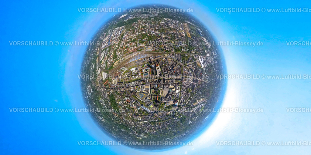Dortmund230532003Mitte-2 | Luftbild, City mit Hauptbahnhof, Erdkugel, Fisheye Aufnahme, Fischaugen Aufnahme, 360 Grad Aufnahme, City, Dortmund, Ruhrgebiet, Nordrhein-Westfalen, Deutschland