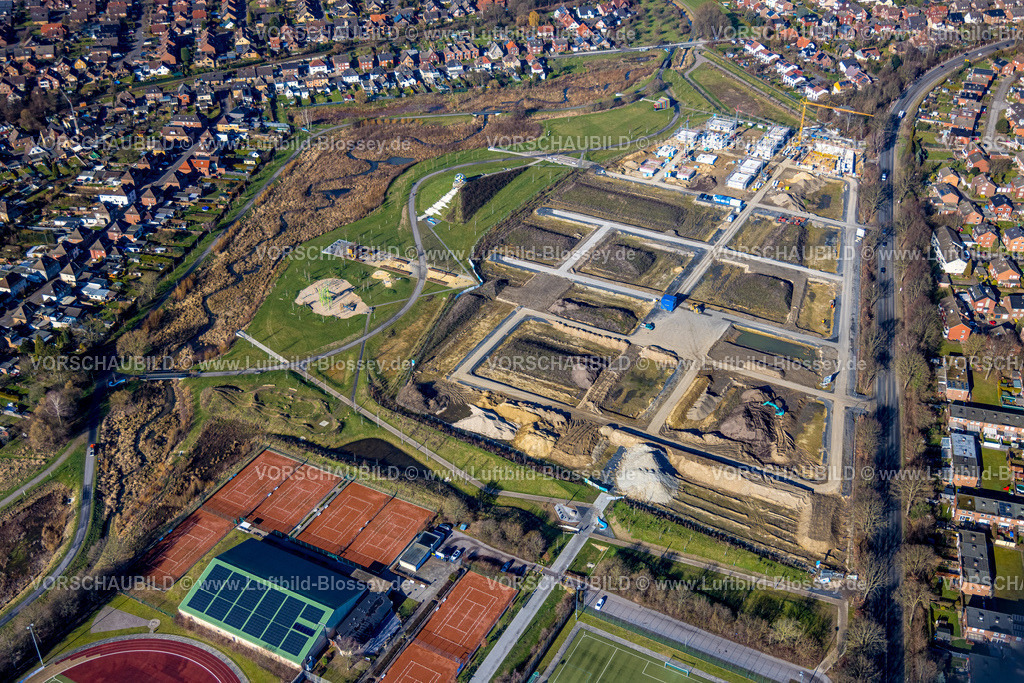 Selm230205580 | Luftbild, Auenpark Baugelände mit Neubau Wohnhäuser, Kuppel im Auenpark, Selm, Münsterland, Nordrhein-Westfalen, Deutschland