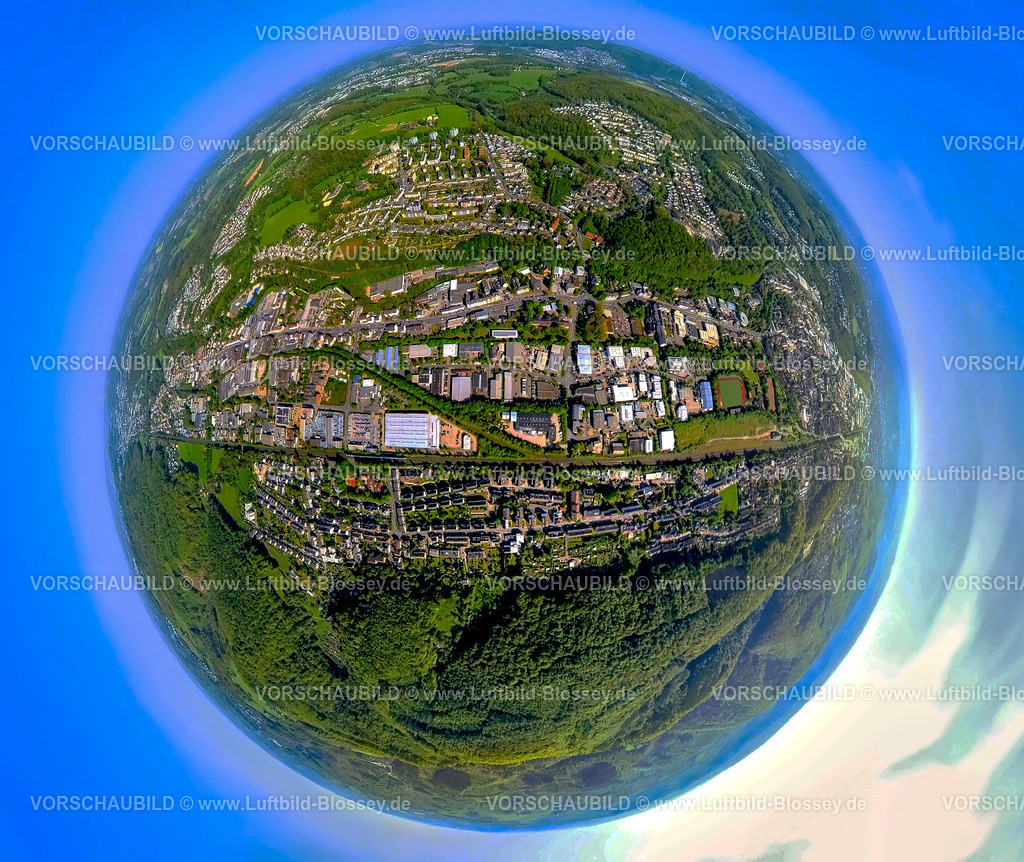 Hagen240590216Haspe-West_Westerbauer | Luftbild, Wohngebiet Ortsansicht Ortsteil Haspe-West Westerbauer, Gewerbegebiet Enneper Straße, Blick nach Spielbrink, Erdkugel, Fisheye Aufnahme, Fischaugen Aufnahme, 360 Grad Aufnahme, tiny world, little planet, fisheye Bild, Haspe-West, Hagen, Ruhrgebiet, Nordrhein-Westfalen, Deutschland